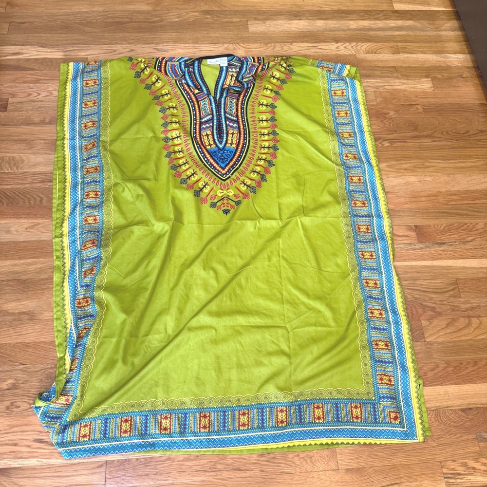 Sante Classics Lime Green Dashiki Caftan Maxi Dress One Size Glitter Accents